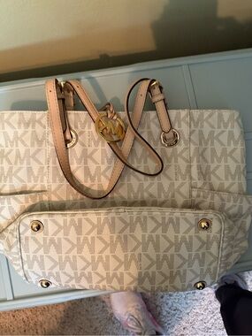 Michael Kors Cream MK Logo Tote with Gold Accents